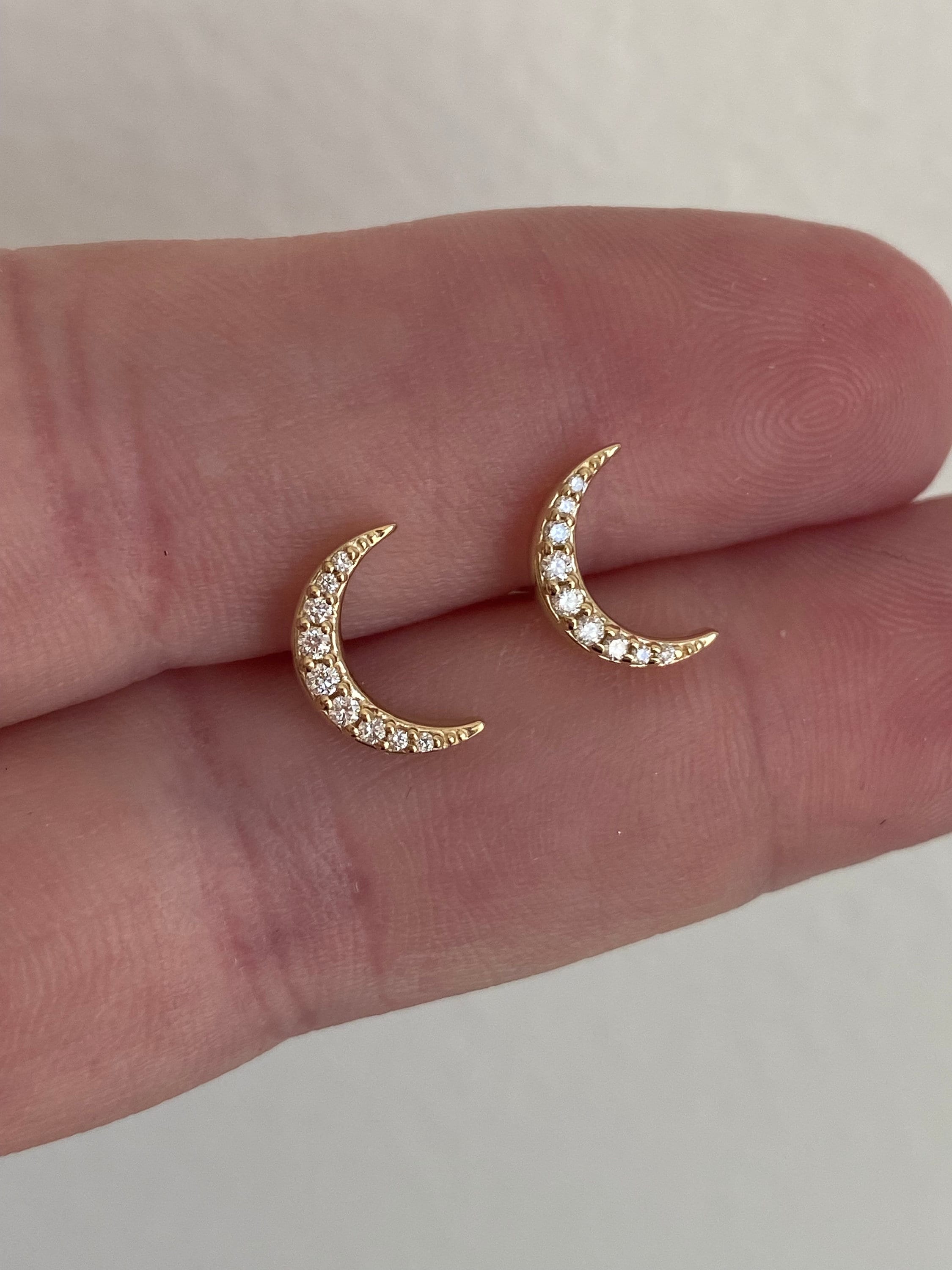 Crescent Moon Diamond Stud Earrings in Solid 14K Gold.